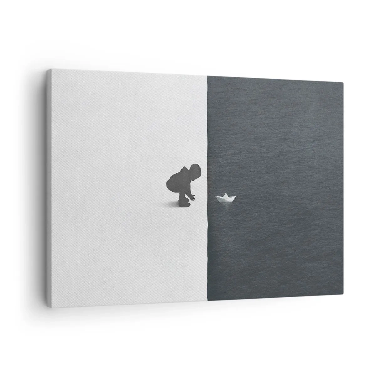 Lærredstryk - Billede på lærred - En barnefigur med en papirbåd mod en baggrund af kontrasterende halvdele - 70x50cm - Stor ekspedition - Moderne vægdekoration til stue og soveværelse ARTTOR