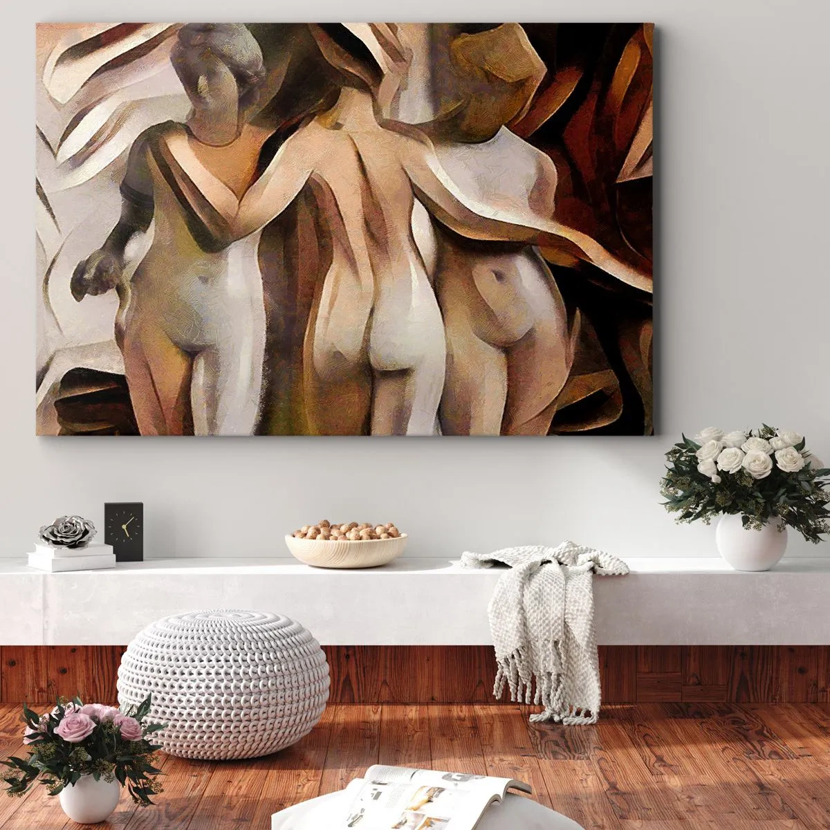 Lærredstryk - Billede på lærred - En abstrakt scene med tre figurer i varme farver. - 70x50cm - Tre Nåder 2.0 - Moderne vægdekoration til stue og soveværelse ARTTOR