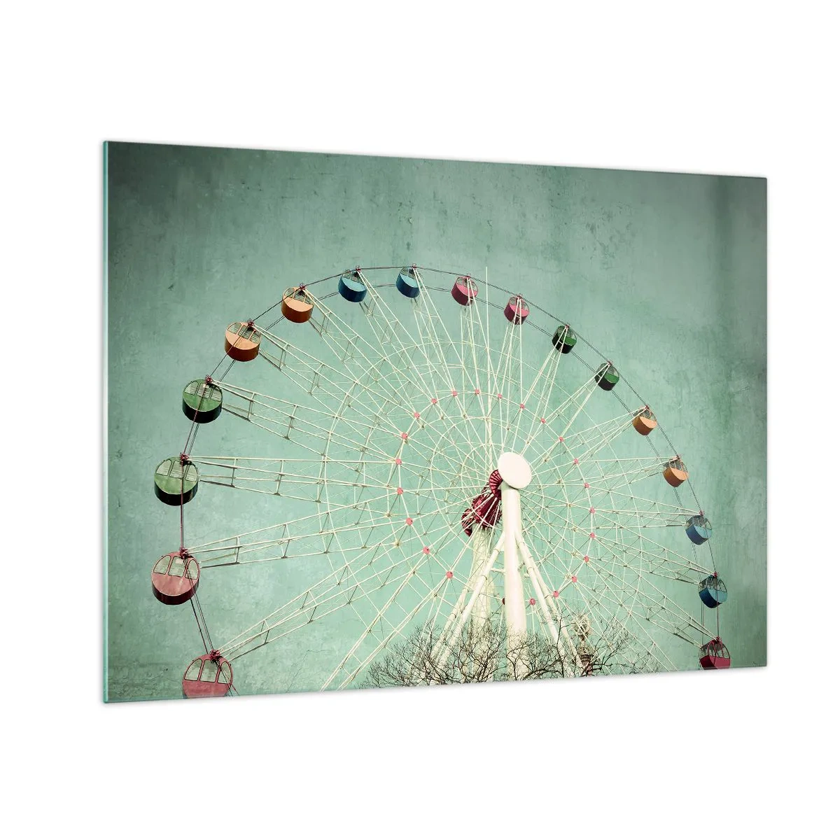 Billede på glas - Et farverigt pariserhjul mod en pastelgrøn baggrund - 70x50cm - Vi inviterer dig til at lege - Moderne vægdekoration til stue og soveværelse ARTTOR