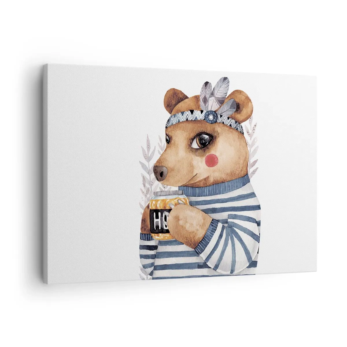 Lærredstryk - Billede på lærred - En bamse i en stribet sweater med en kop honning - 70x50cm - Søde bjørn - Moderne vægdekoration til stue og soveværelse ARTTOR