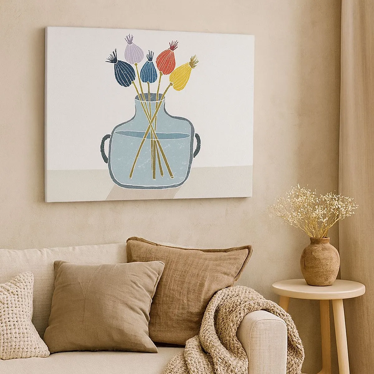 Lærredstryk - Billede på lærred - Farverige tørrede blomster i en vase på en hvid baggrund - 70x50cm - Som et valmuefrø - Moderne vægdekoration til stue og soveværelse ARTTOR