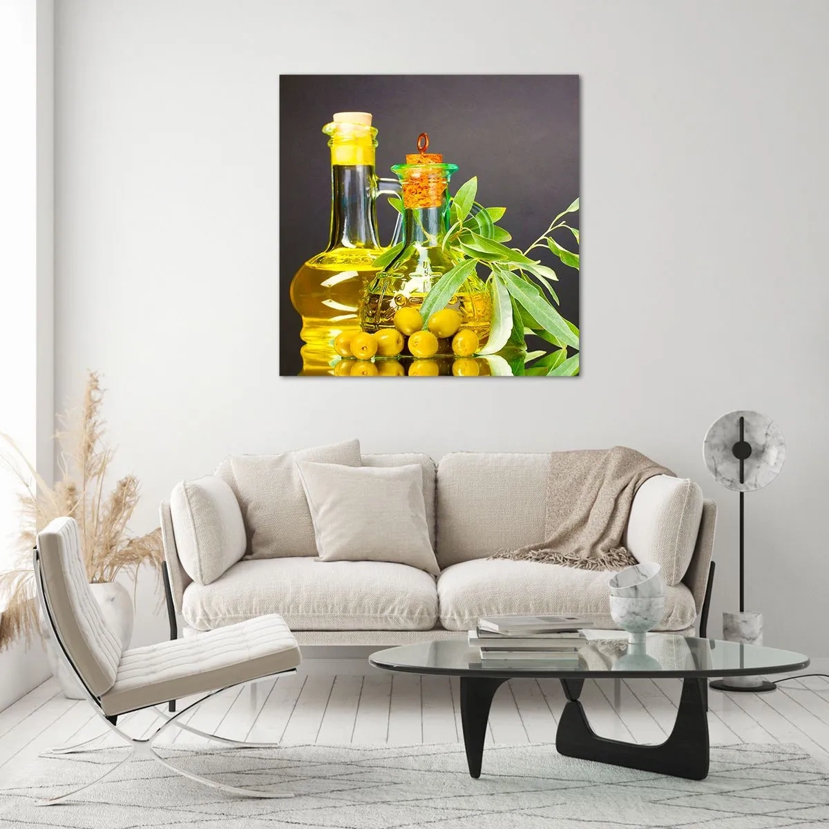 Billede på glas - Stilleben med oliven og olie - 60x60 cm