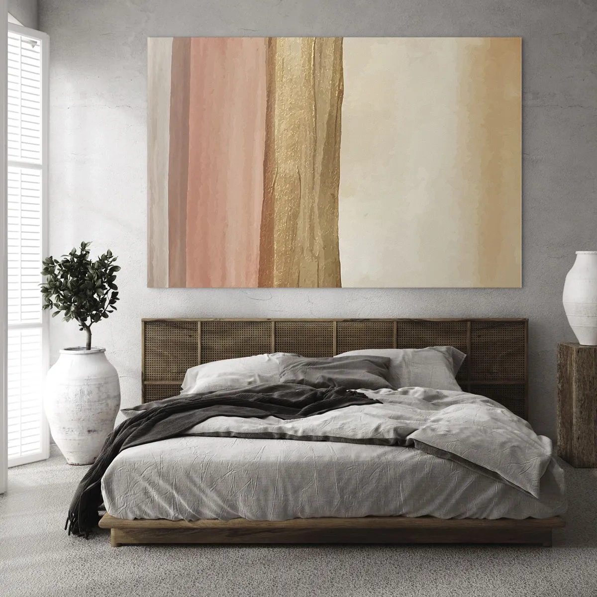 Billede på glas - Abstrakte striber i varme nuancer af beige og guld - 70x50cm - Lodret sammensætning - Moderne vægdekoration til stue og soveværelse ARTTOR