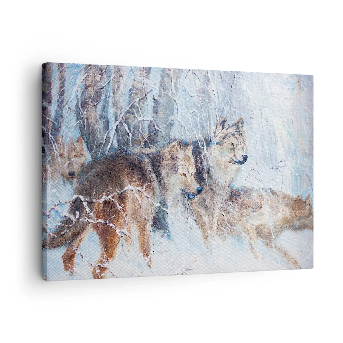 Lærredstryk - Billede på lærred - Ulve i en vinterskov mod en snedækket baggrund - 70x50cm - OBS! På vej... - Moderne vægdekoration til stue og soveværelse ARTTOR