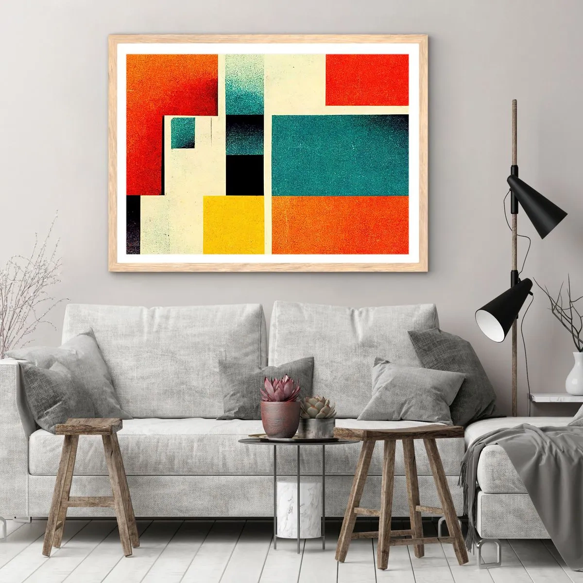 Plakat i ramme af lyst egetræ - Geometrisk abstraktion - god energi - 40x30 cm