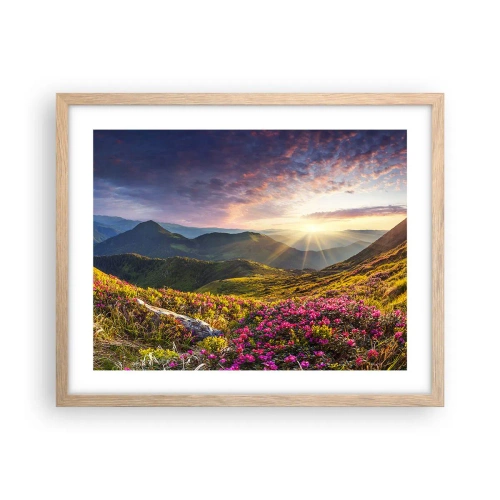 Plakat i ramme af lyst egetræ - Friskheden af en morgen i bjergene - 50x40 cm