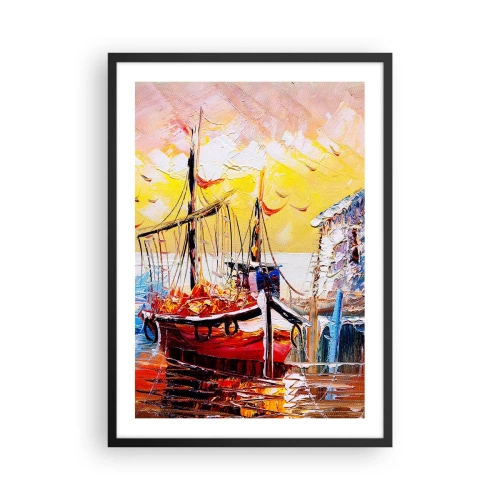 Plakat i sort ramme - Et malerisk skib mod den nedgående sols baggrund - 50x70cm - Glædelig tilbagevenden - Moderne vægdekoration til stue og soveværelse ARTTOR
