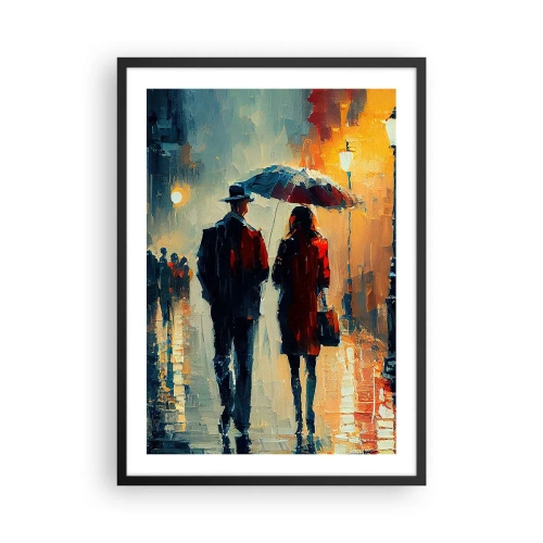 Plakat i sort ramme - Romantisk par under en paraply i regnen - 50x70cm - Urban kærlighedshistorie - Moderne vægdekoration til stue og soveværelse ARTTOR