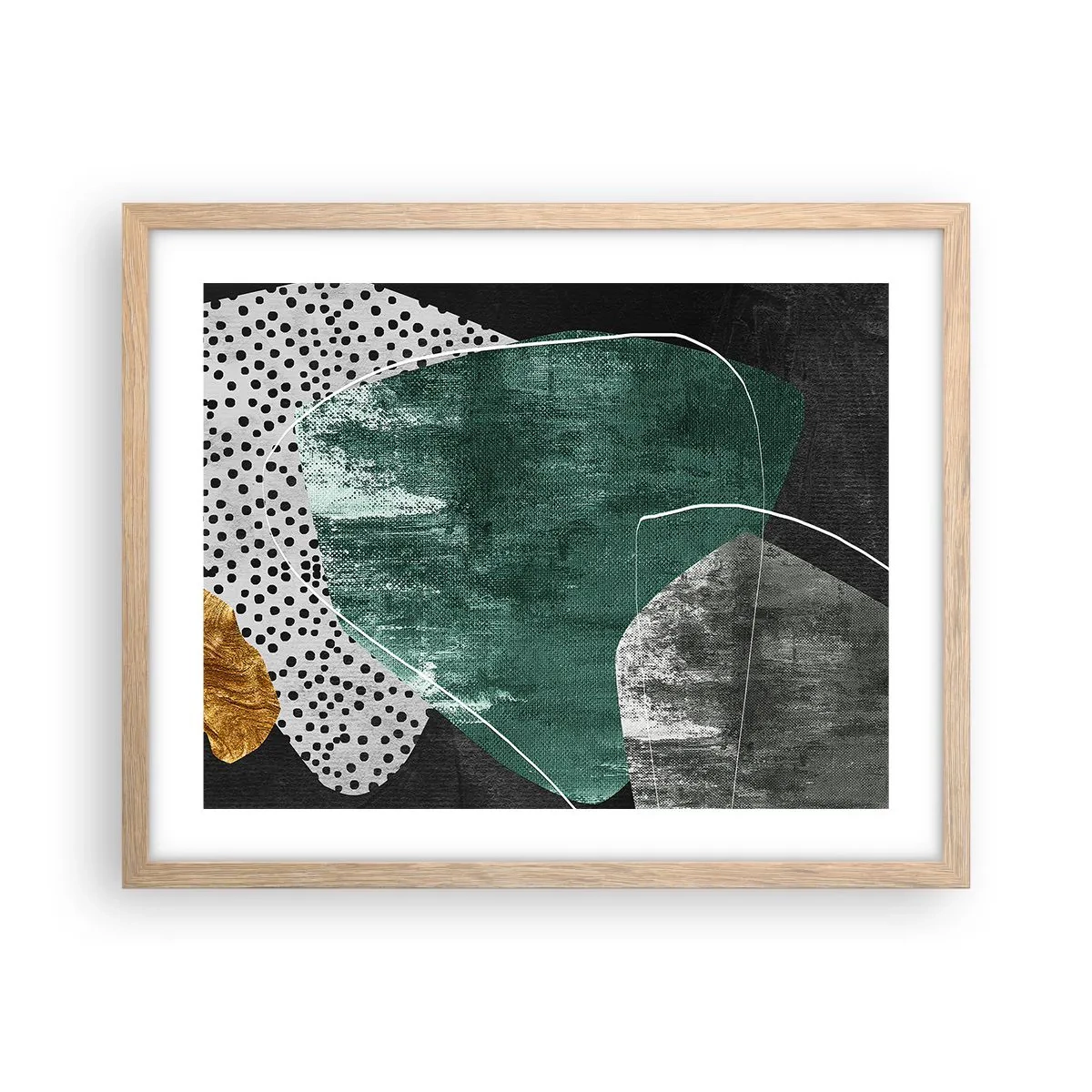 Plakat i ramme af lyst egetræ - Farverig abstraktion med en guldflager - 50x40 cm