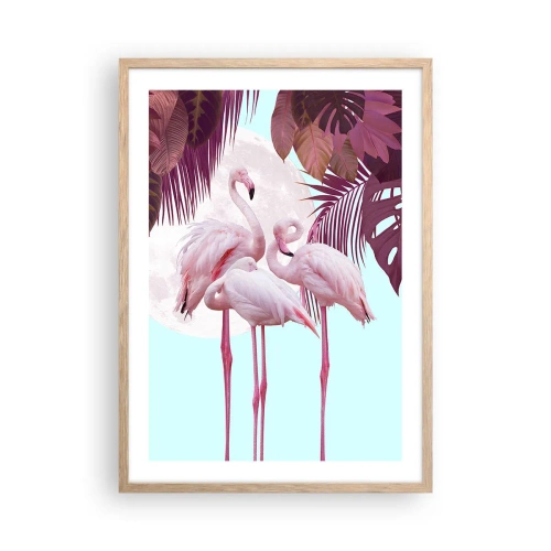 Plakat i ramme af lyst egetræ - Tre fugles ynde - 50x70 cm