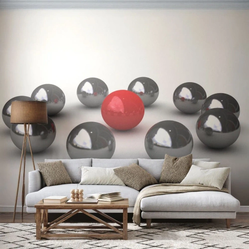 Fototapet Premium Sand - Cirkel i sølv og rød - Abstraktion, 3D, runde bolde - 100x70 cm