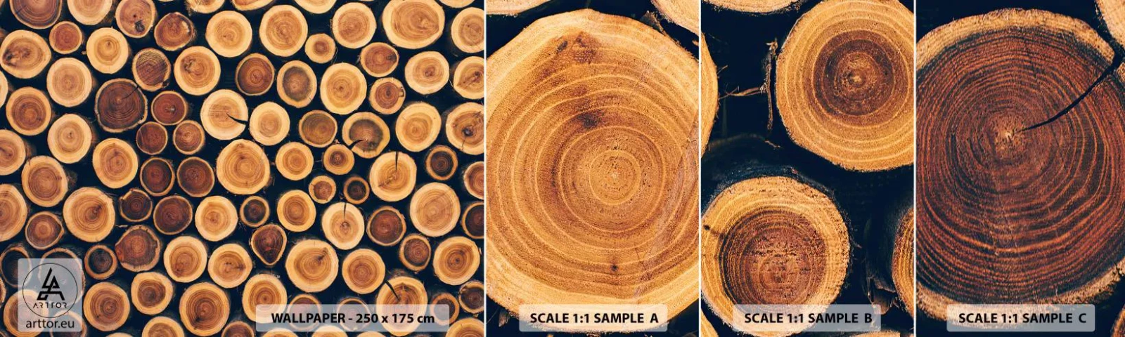 Prøve Fototapet Selvklæbende Deluxe Sticker - Hvor gammel ser jeg ud? - Træstamme, Skov, Stykke - 100x30 cm