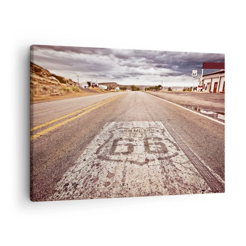 Lærredstryk - Billede på lærred - Route 66 i et ørkenklima med en malerisk himmel - 70x50cm - Mother Road - amerikansk legende - Moderne vægdekoration til stue og soveværelse ARTTOR