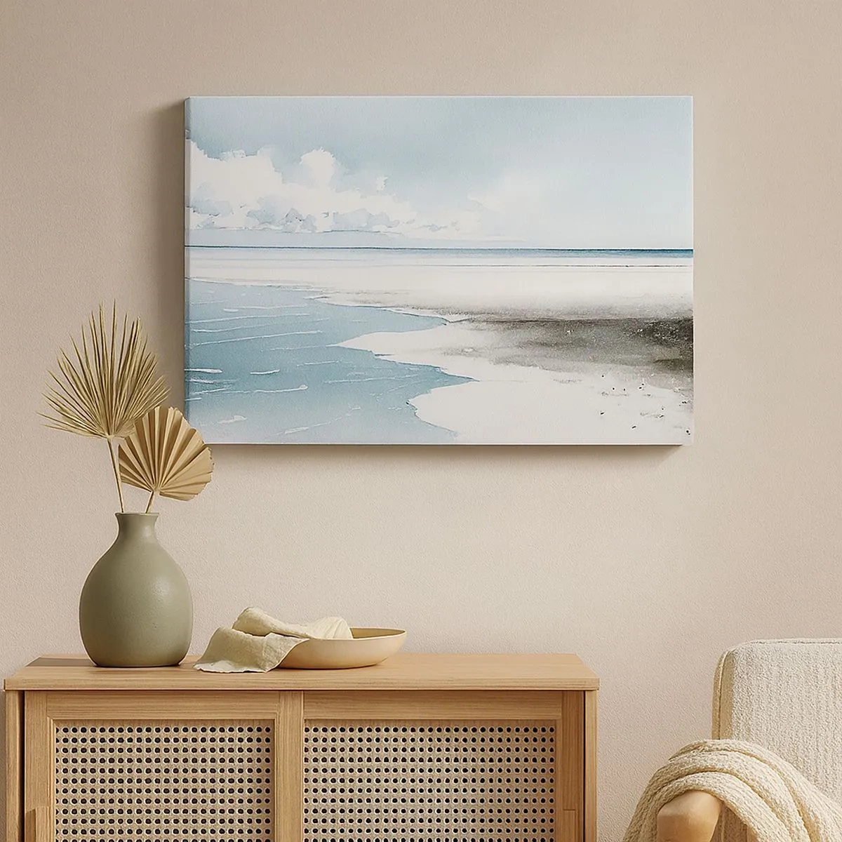 Lærredstryk - Billede på lærred - Et roligt hav og en strand i lyse blå nuancer - 70x50cm - Blidt tidevand - Moderne vægdekoration til stue og soveværelse ARTTOR
