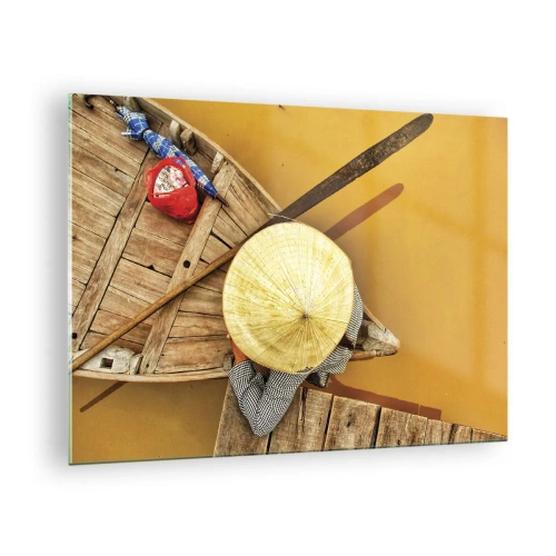 Billede på glas - Set ovenfra af en båd og en person med en konisk hat - 70x50cm - Livet på den gule flod - Moderne vægdekoration til stue og soveværelse ARTTOR