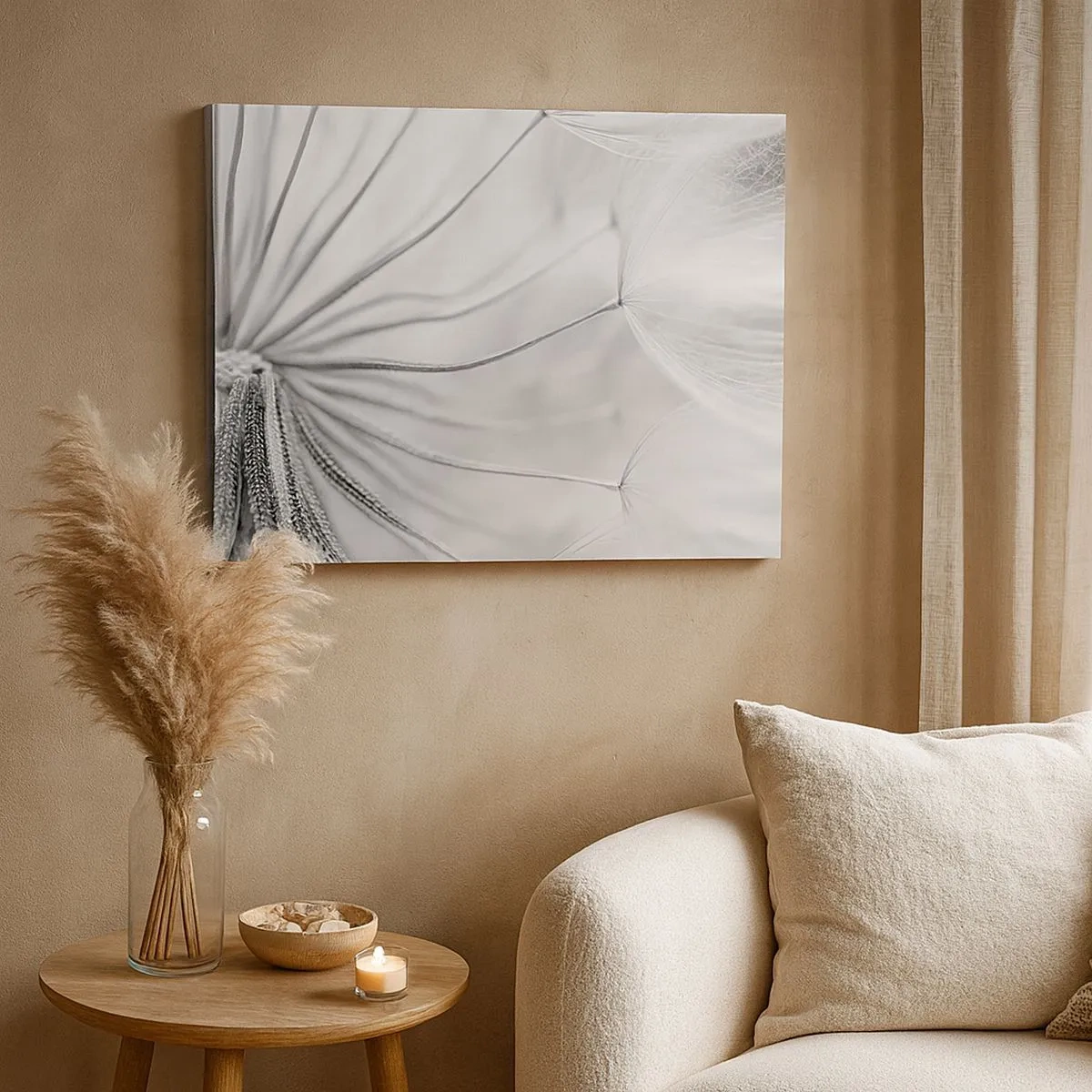 Lærredstryk - Billede på lærred - Delikate mælkebøtter i sort-hvide toner - 70x50cm - Blæsende drager - Moderne vægdekoration til stue og soveværelse ARTTOR