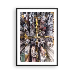Plakat i sort ramme - Luftfoto af byen om natten - 50x70cm - Hilsner fra Hong Kong - Moderne vægdekoration til stue og soveværelse ARTTOR