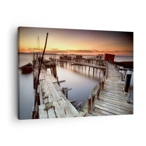 Lærredstryk - Billede på lærred - Træbroer på roligt vand ved solnedgang - 70x50cm - Autentisk, ikke en turistattrapp - Moderne vægdekoration til stue og soveværelse ARTTOR