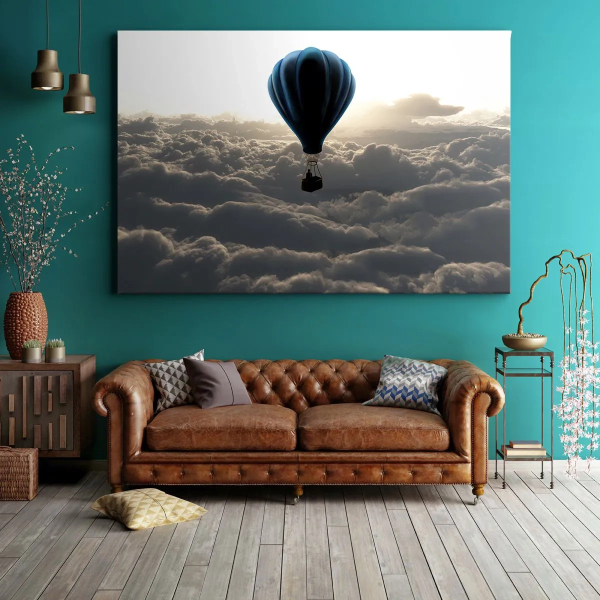 Lærredstryk - Billede på lærred - En varmluftballon mod en himmel med skyer ved solnedgang - 70x50cm - Vandringsmand over skyerne - Moderne vægdekoration til stue og soveværelse ARTTOR