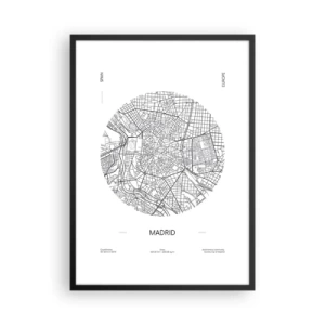 Plakat i sort ramme - Et minimalistisk kort over Madrid i sort-hvid. - 50x70cm - Madrids anatomi - Moderne vægdekoration til stue og soveværelse ARTTOR
