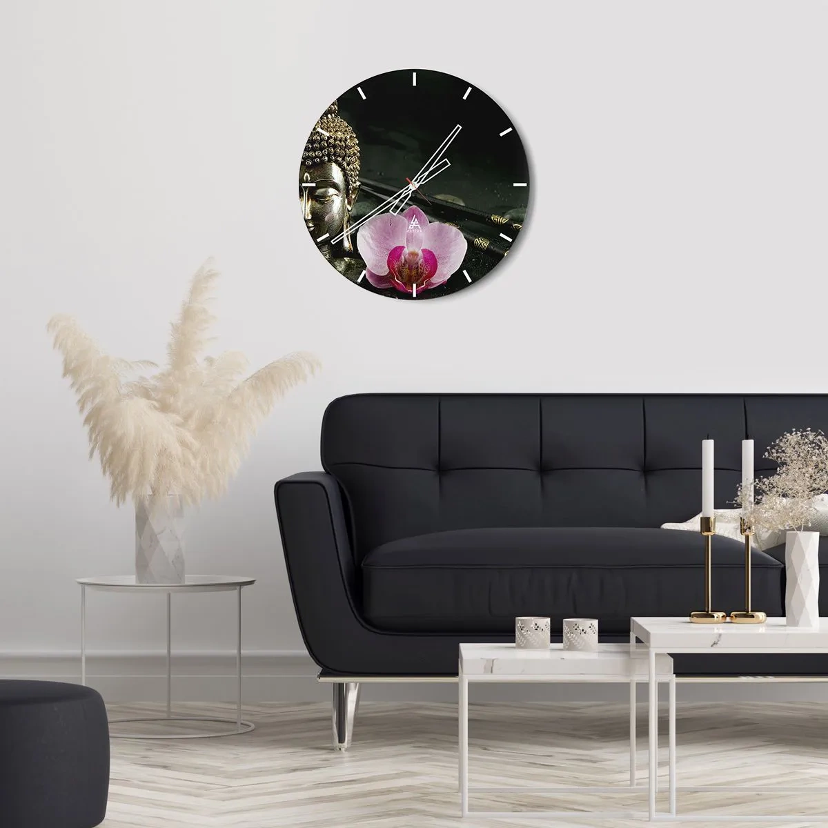 Vægur, Uret - Buddhafigur med en orkidé i orientalsk stil - 30x30cm - Harmoni mellem visdom og skønhed - Moderne vægdekoration til stue, køkken og soveværelse ARTTOR