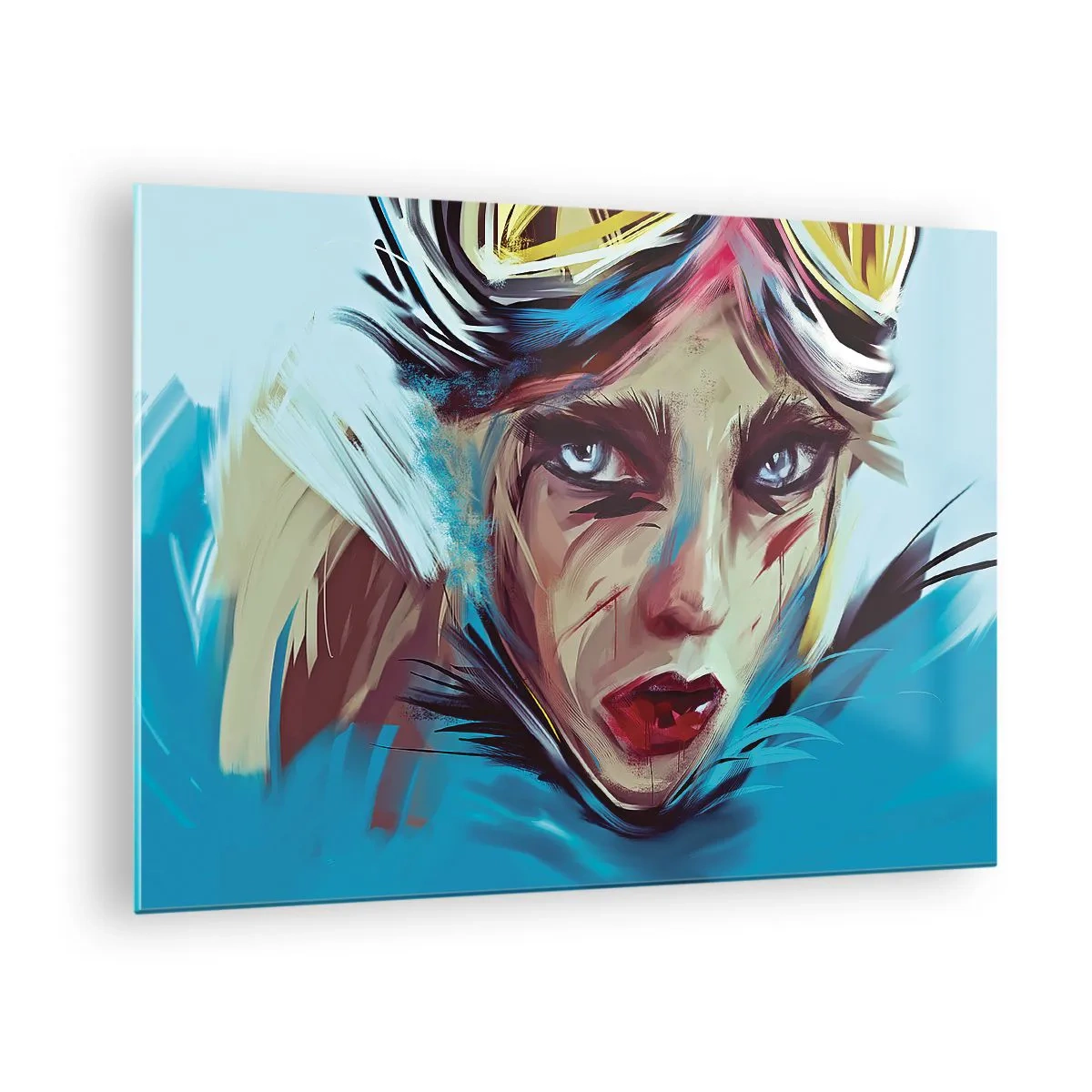 Billede på glas - Portræt af en kvinde med beskyttelsesbriller og blå penselstrøg - 70x50cm - Vejkriger - Moderne vægdekoration til stue og soveværelse ARTTOR