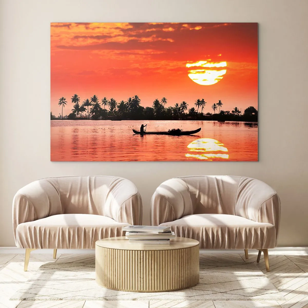 Billede på glas - Solnedgang over floden med palmer og en båd - 70x50cm - Tropernes ro ved solnedgang - Moderne vægdekoration til stue og soveværelse ARTTOR