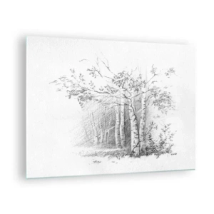 Billede på glas - Skitse af en birkeskov i monokromatiske toner - 70x50cm - Lyset fra birkeskoven - Moderne vægdekoration til stue og soveværelse ARTTOR