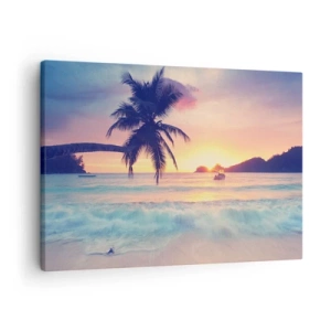 Lærredstryk - Billede på lærred - Strand med et palmetræ og en solnedgang over havet - 70x50cm - En aften i bugten - Moderne vægdekoration til stue og soveværelse ARTTOR