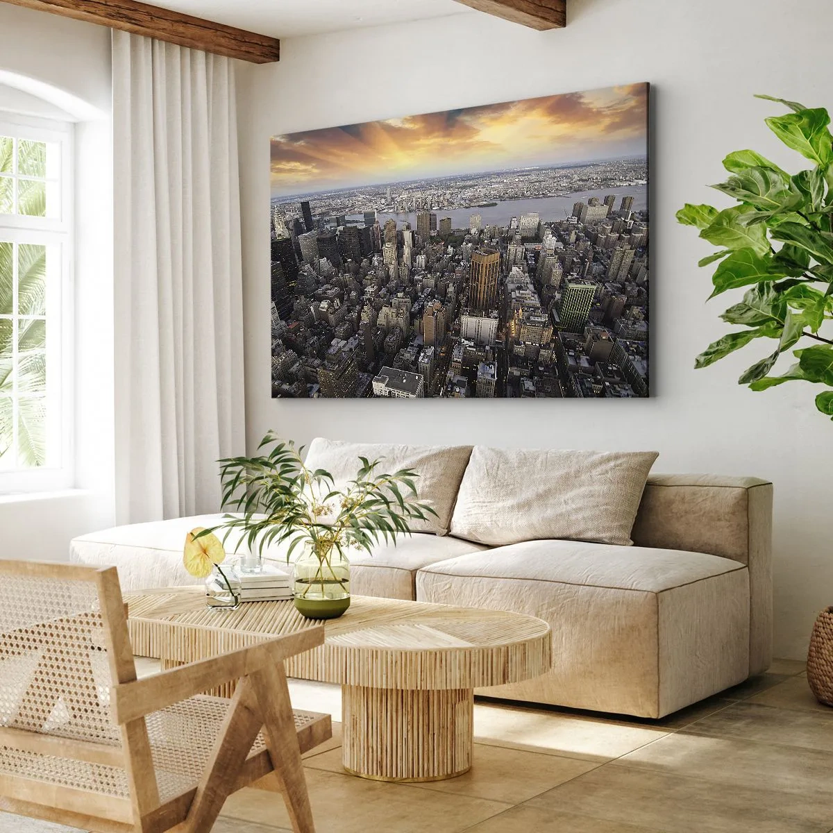 Lærredstryk - Billede på lærred - Udsigt over metropolen med den nedgående sol - 70x50cm - Tidens bankende hjerte - Moderne vægdekoration til stue og soveværelse ARTTOR