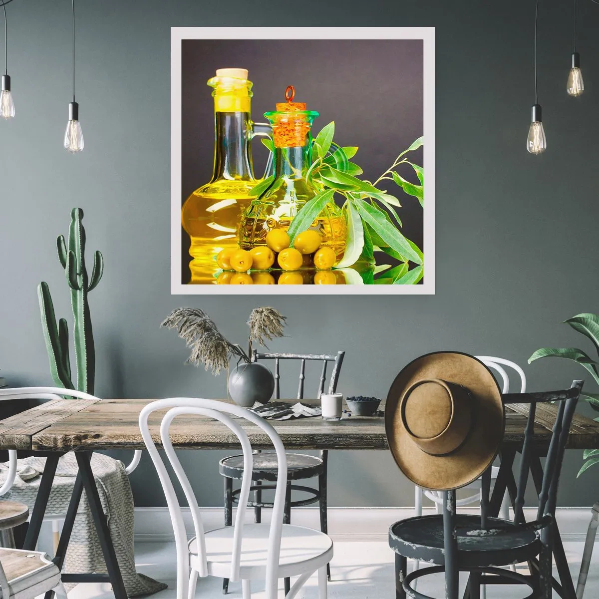 Plakat - Stilleben med oliven og olie - 60x60 cm