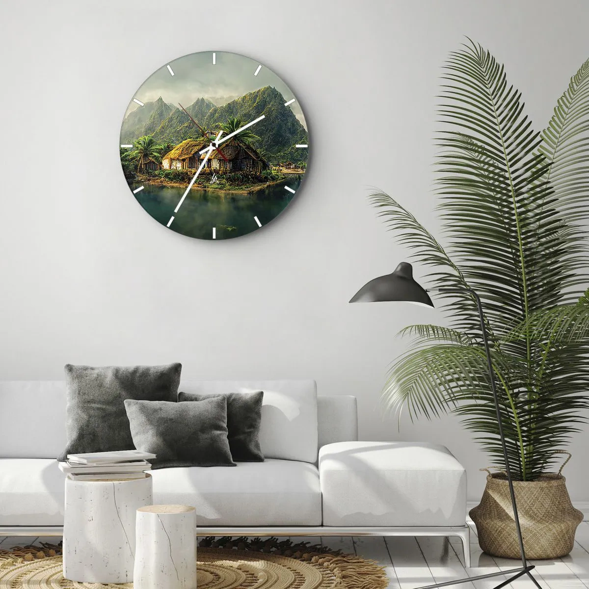Vægur, Uret - Palmehytter over vandet omgivet af tropiske bjerge - 30x30cm - Tropisk paradis - Moderne vægdekoration til stue, køkken og soveværelse ARTTOR
