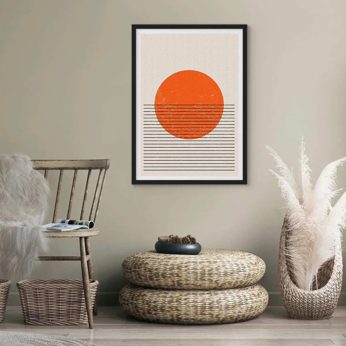 Plakat i sort ramme - En minimalistisk solnedgang i geometrisk form - 50x70cm - Altid solen - Moderne vægdekoration til stue og soveværelse ARTTOR
