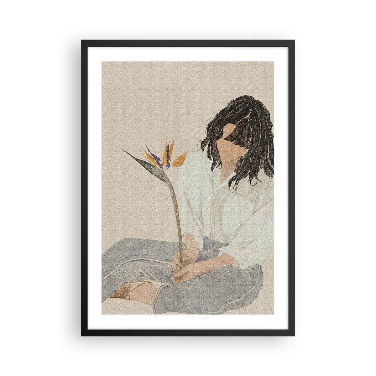 Plakat i sort ramme - Portræt af en kvinde, der holder en eksotisk blomst, med et delikat farvestrejf - 50x70cm - Portræt med en eksotisk blomst - Moderne vægdekoration til stue og soveværelse ARTTOR