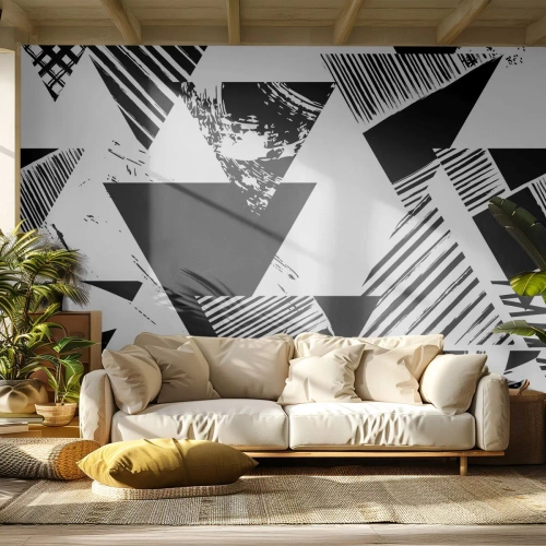Fototapet Premium Canvas - Regn af trekanter - Abstraktion, Grafik, Sort og hvid - 100x70 cm