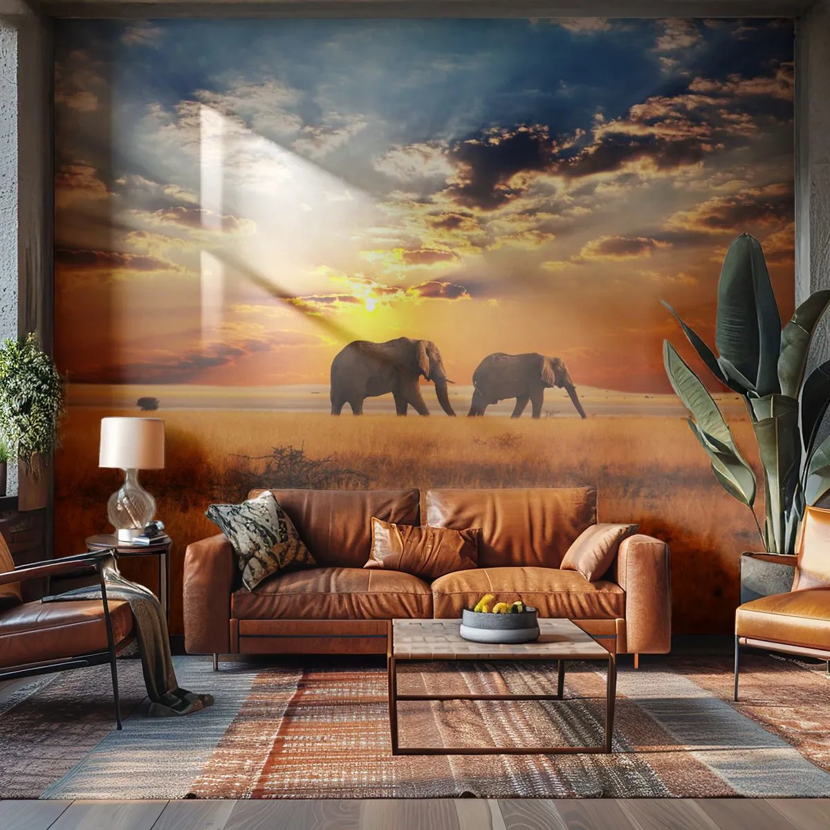Fototapet Premium Sand - Familievandring - Dyr, Afrika, Elefant - 350x256 cm