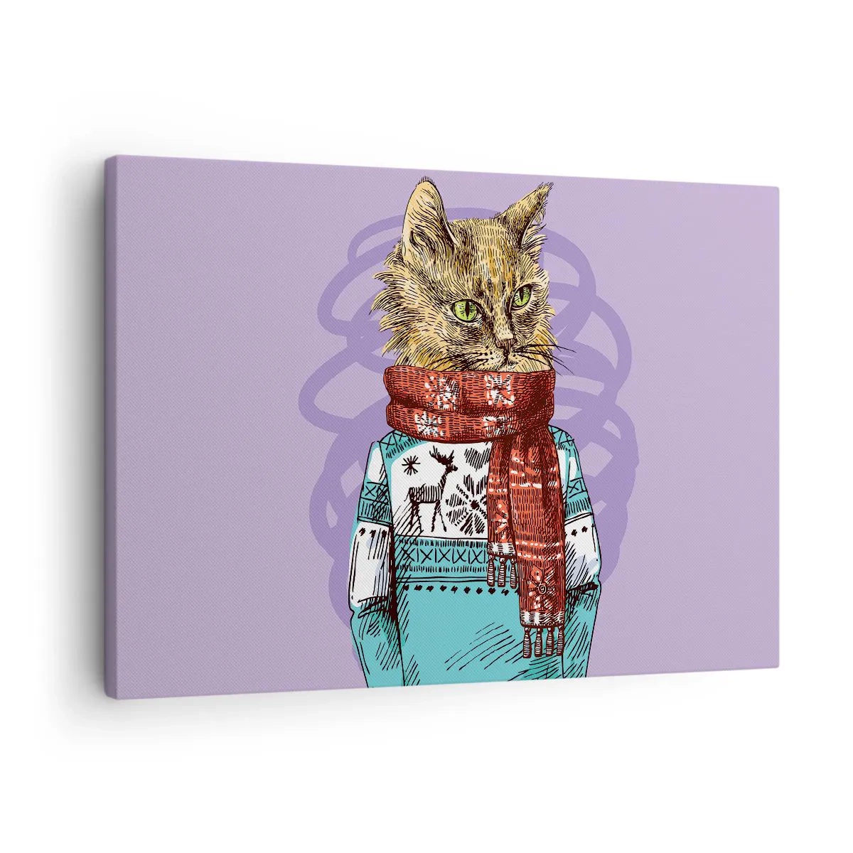 Lærredstryk - Billede på lærred - En kat i en sweater og tørklæde på en lilla baggrund - 70x50cm - En kat ikke kun i sko - Moderne vægdekoration til stue og soveværelse ARTTOR