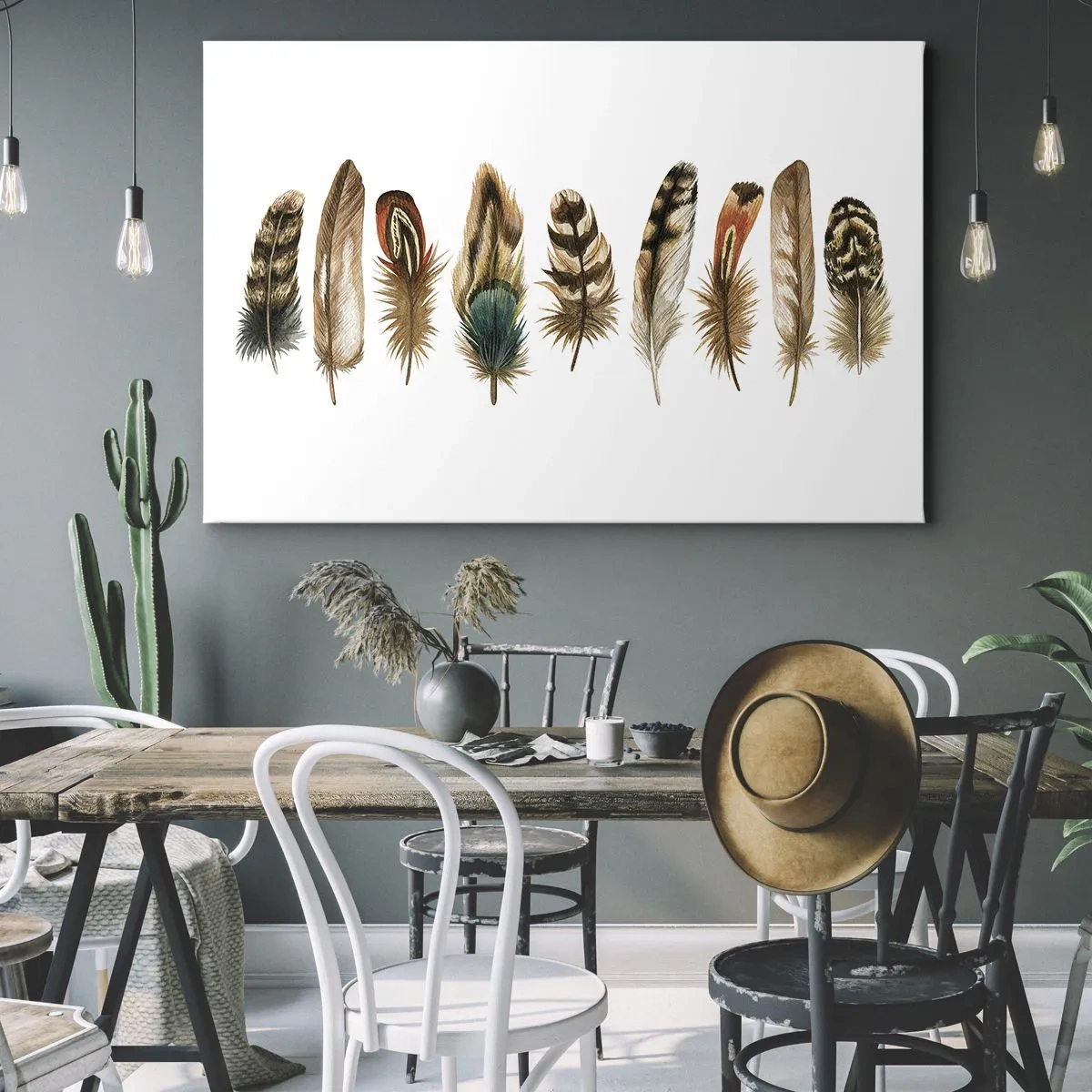 Lærredstryk - Billede på lærred - Dekorativt motiv af en samling af forskellige fjer - 70x50cm - Variation med fjer - Moderne vægdekoration til stue og soveværelse ARTTOR