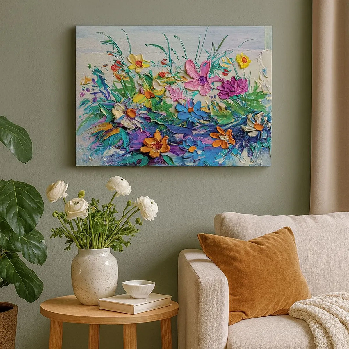 Lærredstryk - Billede på lærred - En farverig blomsterbuket malet med impasto-teknikken - 70x50cm - Overhovedet ikke et stilleben - Moderne vægdekoration til stue og soveværelse ARTTOR