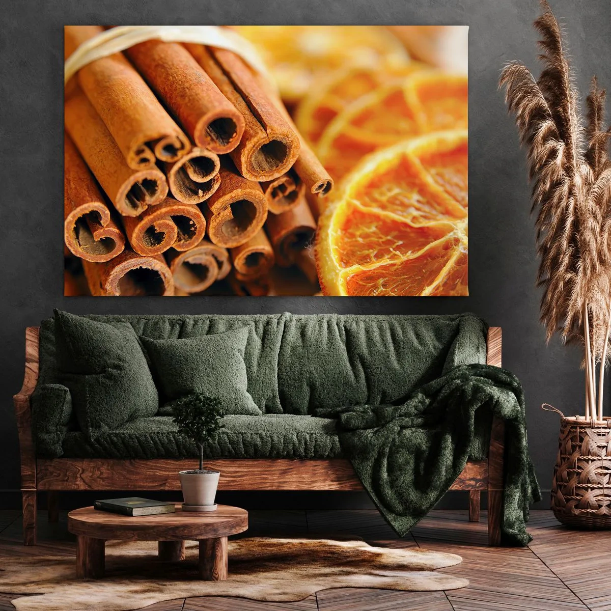 Lærredstryk - Billede på lærred - Kanelstænger med tørrede appelsinskiver i varme farver - 70x50cm - Kan du lugte deres duft? - Moderne vægdekoration til stue og soveværelse ARTTOR