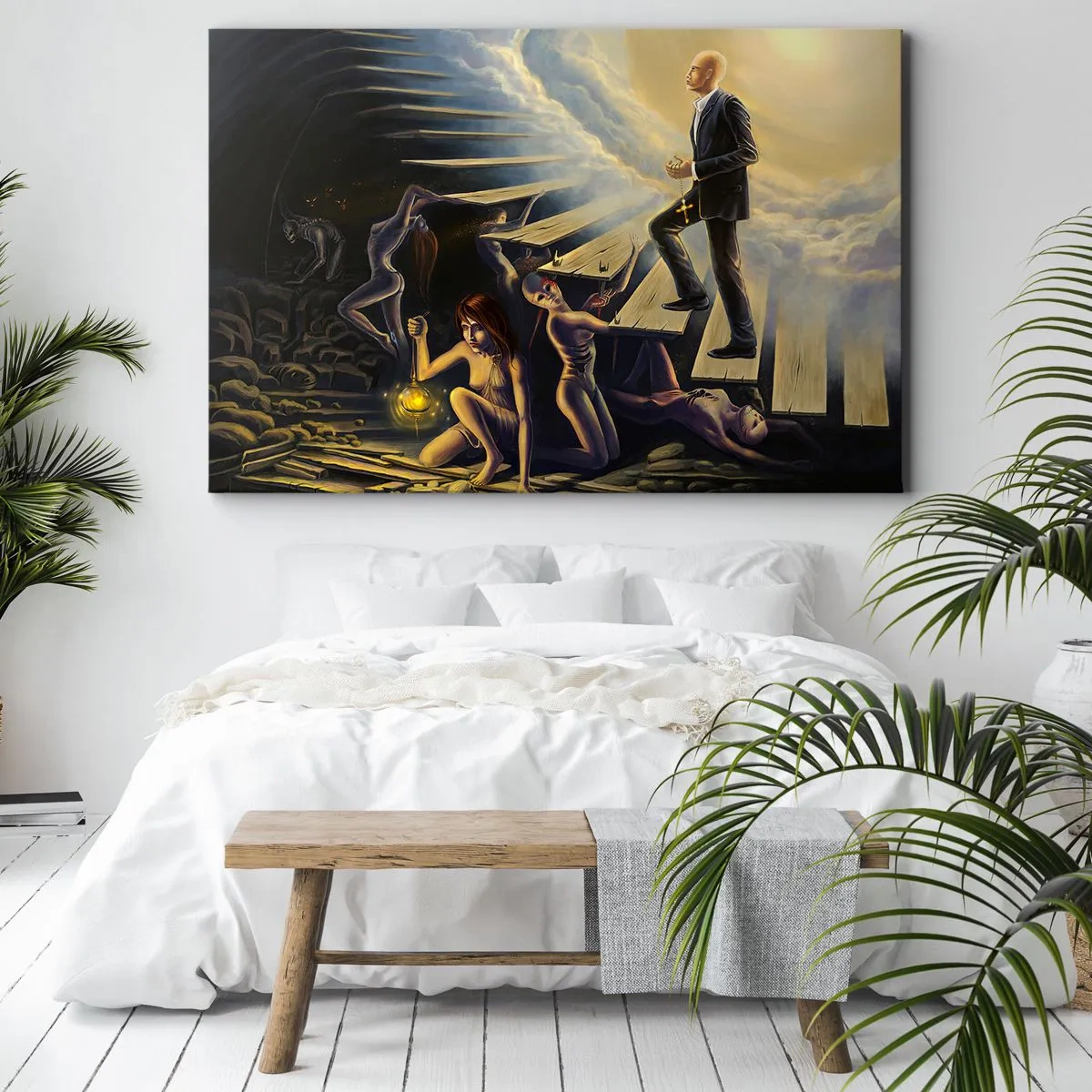 Lærredstryk - Billede på lærred - En symbolsk scene af stien til lyset gennem en forfalden trappe - 70x50cm - En dantesk rejse mod lyset - Moderne vægdekoration til stue og soveværelse ARTTOR