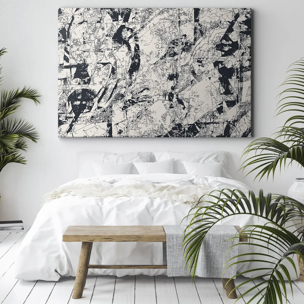 Lærredstryk - Billede på lærred - Abstrakt komposition i sort-hvid med et dynamisk layout - 70x50cm - Modsætningernes gennemtrængning - Moderne vægdekoration til stue og soveværelse ARTTOR