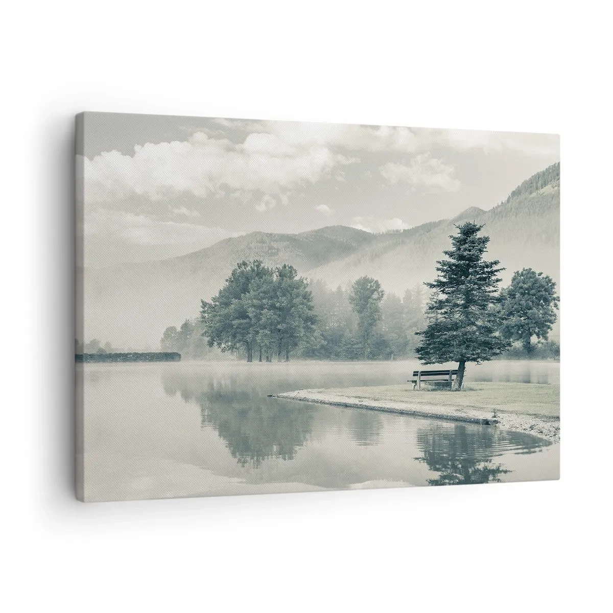 Lærredstryk - Billede på lærred - En malerisk sø med en bænk og tåge i baggrunden - 70x50cm - Søen sover stadig - Moderne vægdekoration til stue og soveværelse ARTTOR