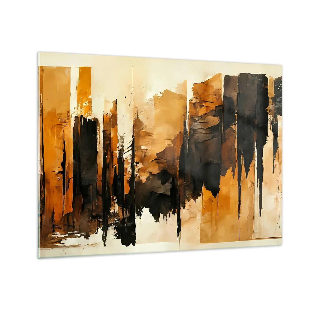 Billede på glas - Gyldenbrun abstraktion med vertikale strukturer - 70x50cm - Harmoni af sort og guld - Moderne vægdekoration til stue og soveværelse ARTTOR