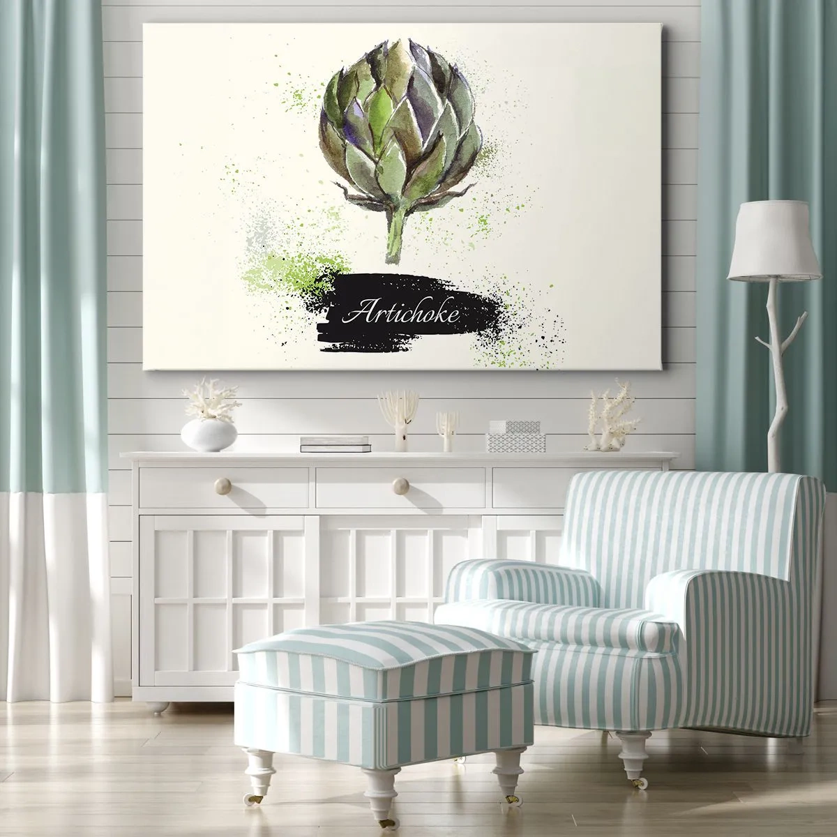 Lærredstryk - Billede på lærred - Akvarel artiskok med tekst på en lys baggrund med grønne accenter - 70x50cm - Eviva grøntsager! - Moderne vægdekoration til stue og soveværelse ARTTOR