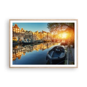 Plakat i ramme af lyst egetræ - Morgen i Amsterdam - 100x70 cm