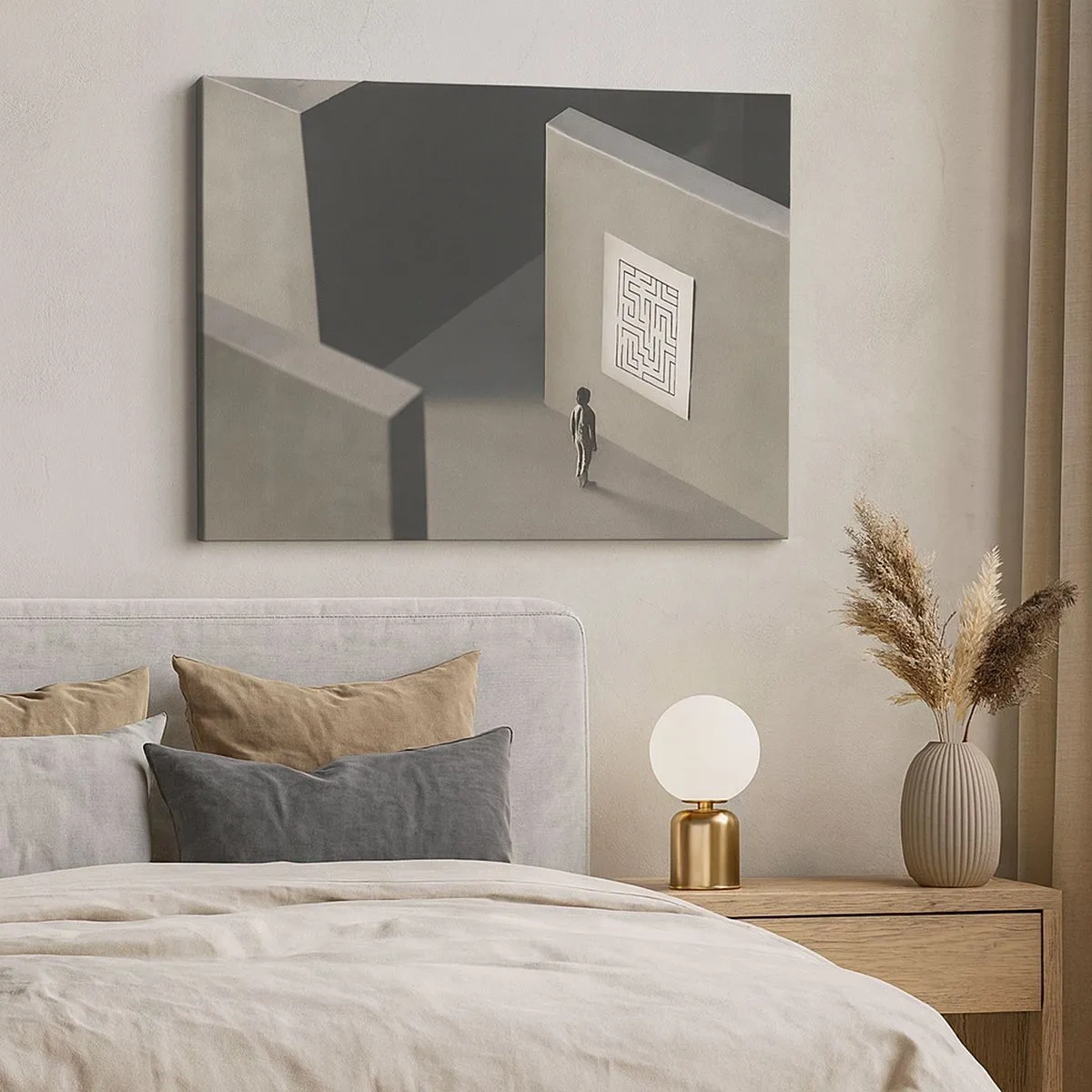 Lærredstryk - Billede på lærred - En figur i en labyrint, der kigger på et hængende kort - 70x50cm - Men hvor er jeg? - Moderne vægdekoration til stue og soveværelse ARTTOR