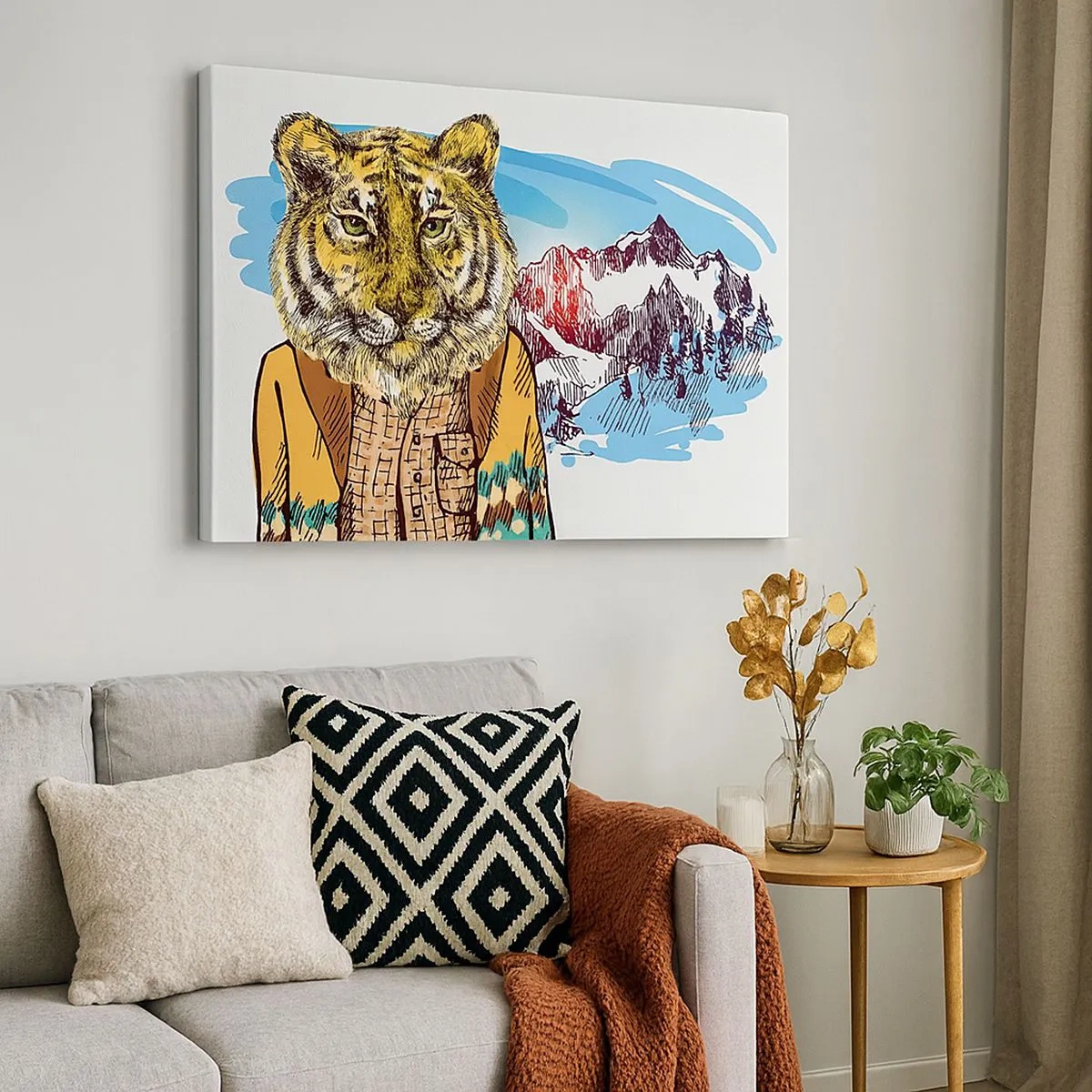 Lærredstryk - Billede på lærred - En tiger i en frakke mod et bjerglandskab - 70x50cm - Ikke så vild som han er tegnet - Moderne vægdekoration til stue og soveværelse ARTTOR
