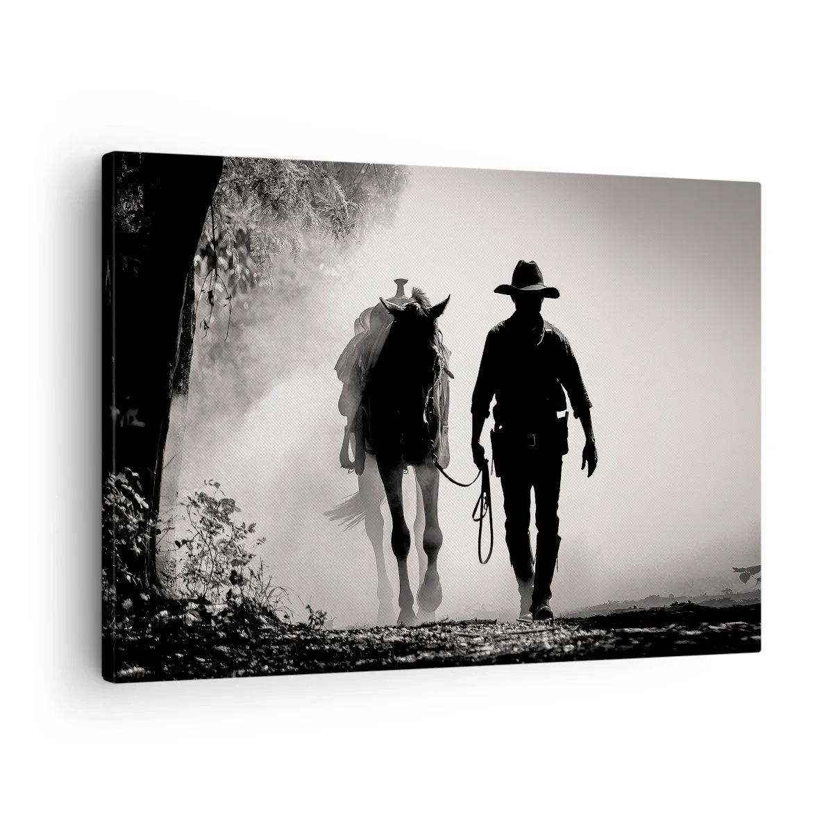 Lærredstryk - Billede på lærred - Cowboy med hest i morgentågen - 70x50cm - En morgen i Texas - Moderne vægdekoration til stue og soveværelse ARTTOR