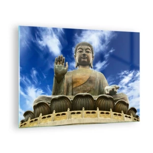 Billede på glas - En stor Buddha-statue mod en blå himmel - 70x50cm - Lev uden frygt - Moderne vægdekoration til stue og soveværelse ARTTOR